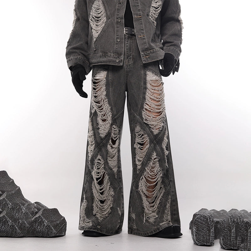 Frayed Washed Damage Wide Leg Denim Jeans WN18687