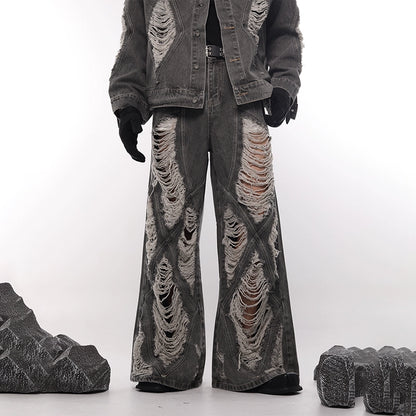 Frayed Washed Damage Wide Leg Denim Jeans WN18687