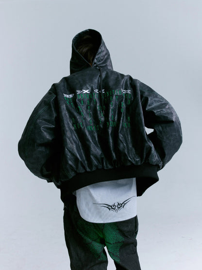 Cracked PU Leather Oversize Hooded Puffer Jacket WN17212