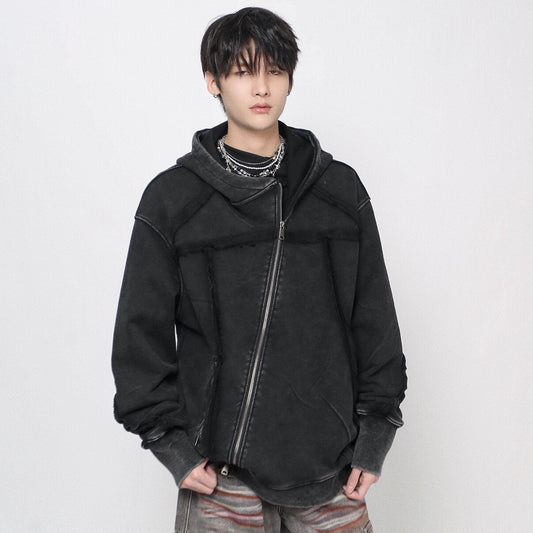 Oversize Diagonal Zip Patchwork Washed Hoodie WN24441