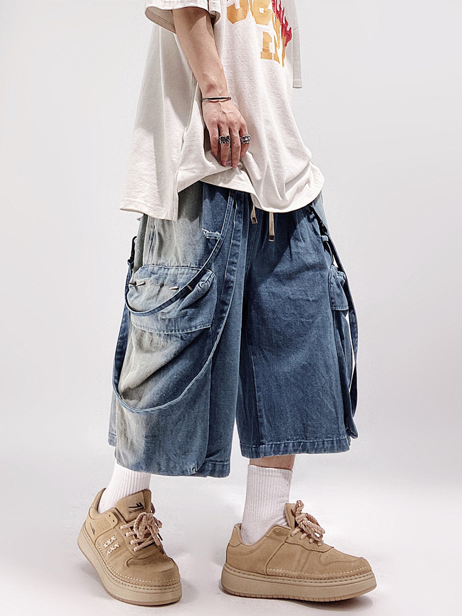 Wide-Leg Straight Cargo Denim Half Jeans WN23983