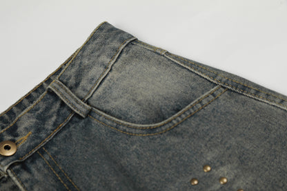 Washed Whisker Cross Studs Wide Leg Denim Jeans WN25798