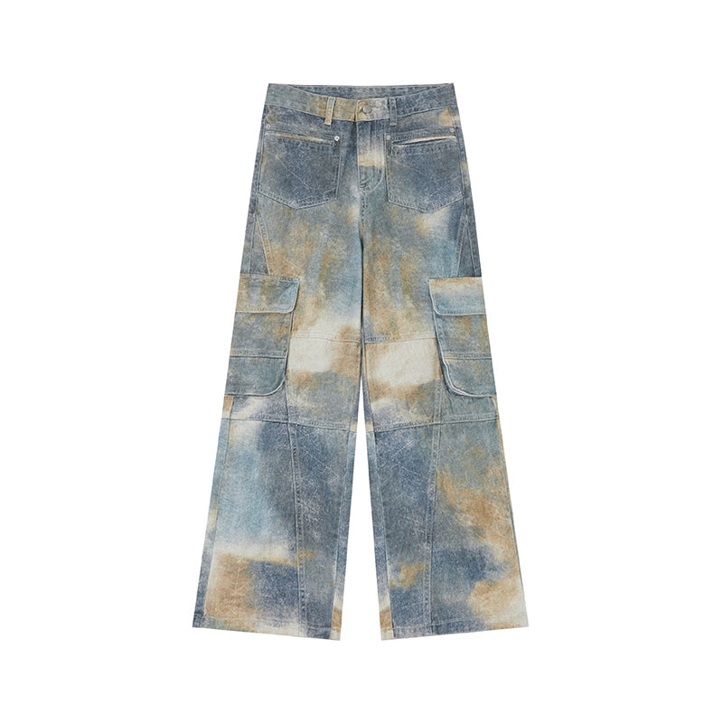 Tie-Dye Gradient Multi-Pocket Wide-Leg Cargo Denim Jeans WN10353