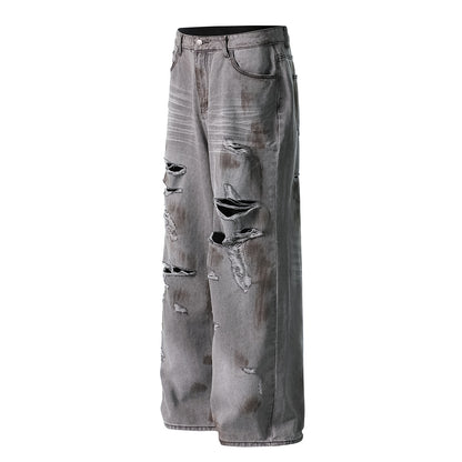 Dirty Washed Ripped Straight Leg Denim Jeans WN26829