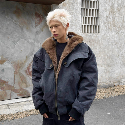 Armored Structured Hooded FakeFur-Collar Short Jacket WN22211