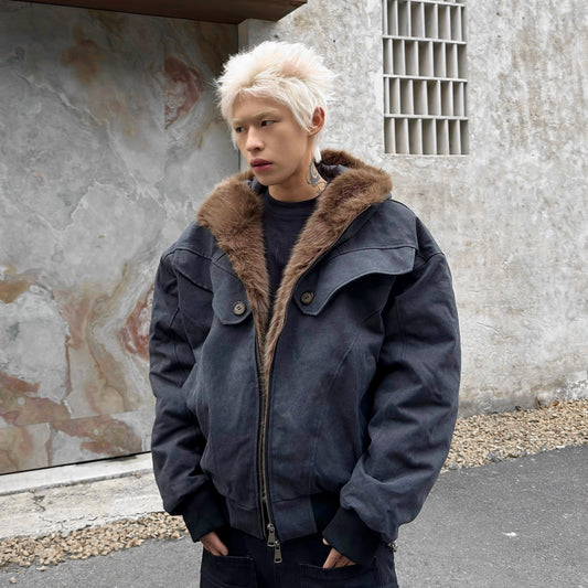 Armored Structured Hooded FakeFur-Collar Short Jacket WN22211