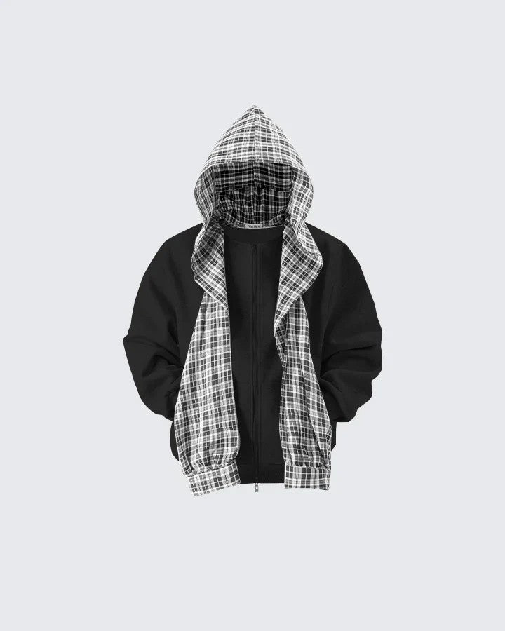 Plaid Scarf Zipper Jacket & Wide Leg Drawstring Pants Setup WN28040