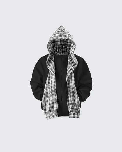 Plaid Scarf Zipper Jacket & Wide Leg Drawstring Pants Setup WN28040
