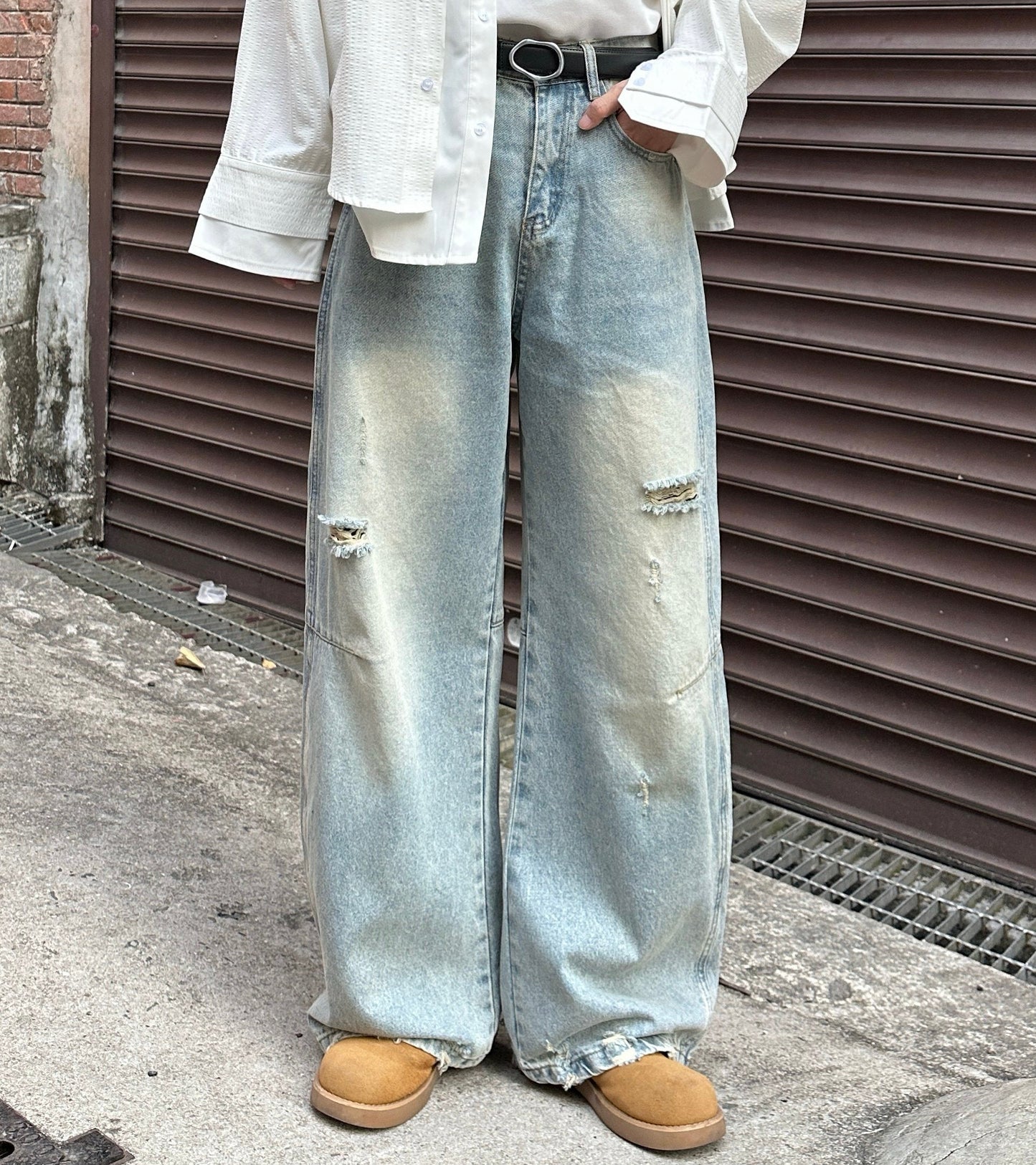 Wash Damage Wide Leg Long Denim Jeans WN25261