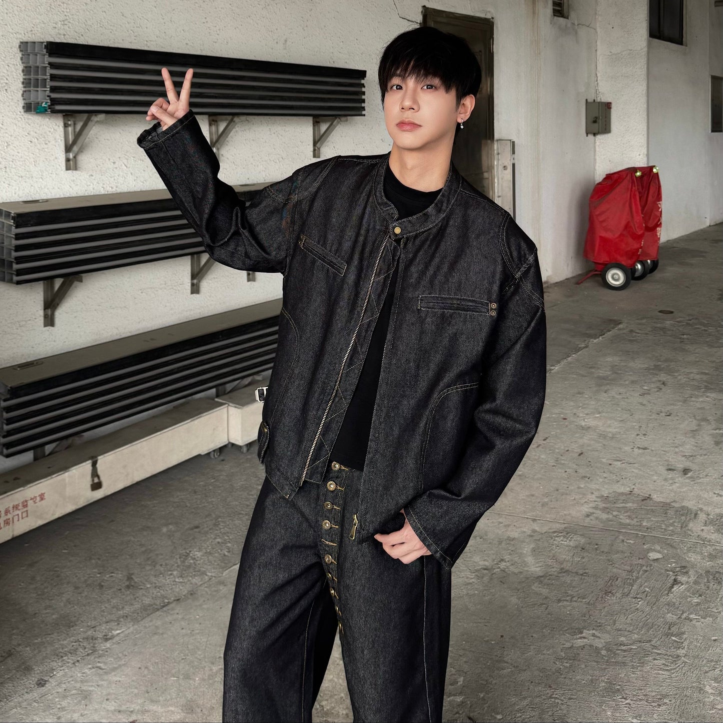 Standing-Collar Damage Wash Denim Jacket & Damage Wash Wide Leg Denim Jeans Setup WN25265
