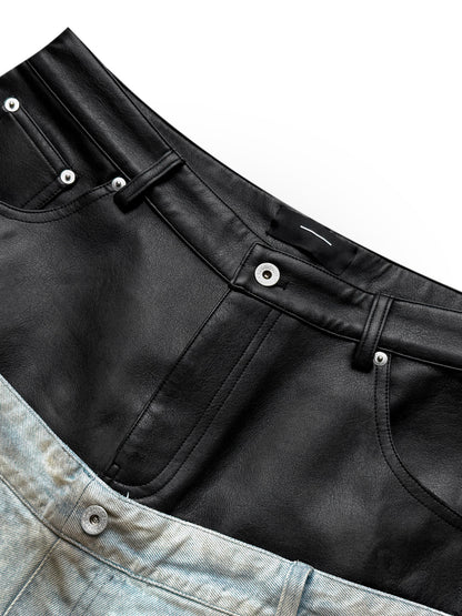Double-Waist PU Panel Wax Damage Denim Jeans WN27057