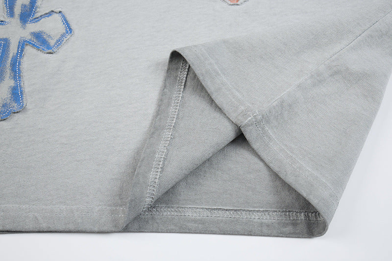 Washed Cross Applique Short Sleeve T-Shirt WN25439