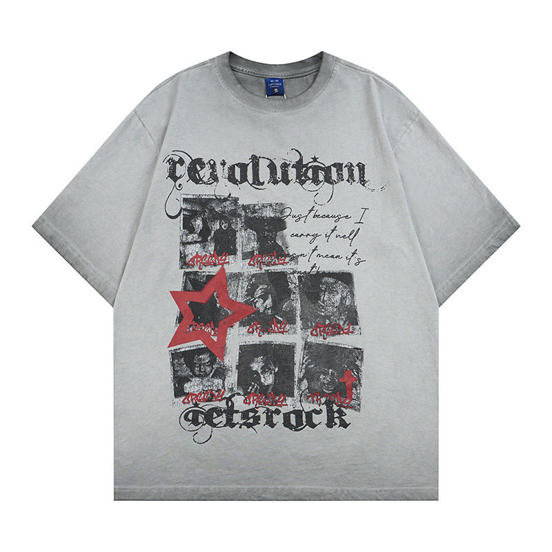 Washed Portrait Letter Print Short Sleeve T-Shirt WN25387