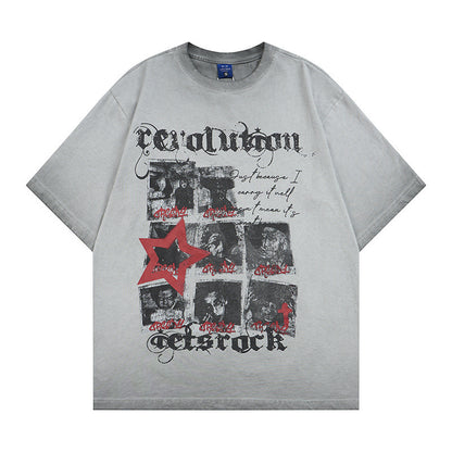 Washed Portrait Letter Print Short Sleeve T-Shirt WN25387