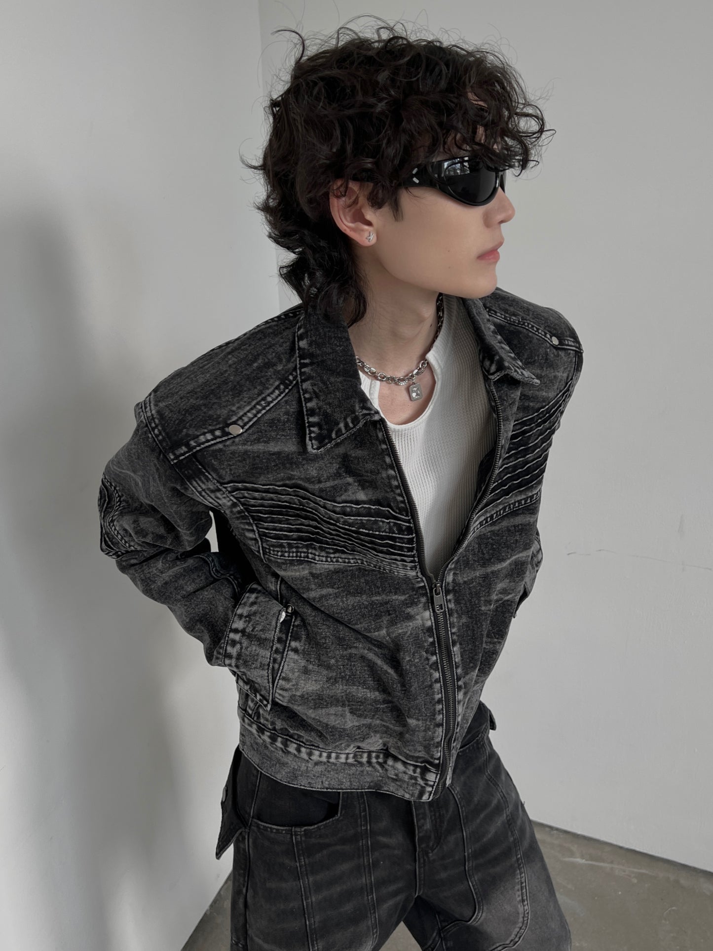 Washed Shoulder-pad Denim Short Jacket WN10811