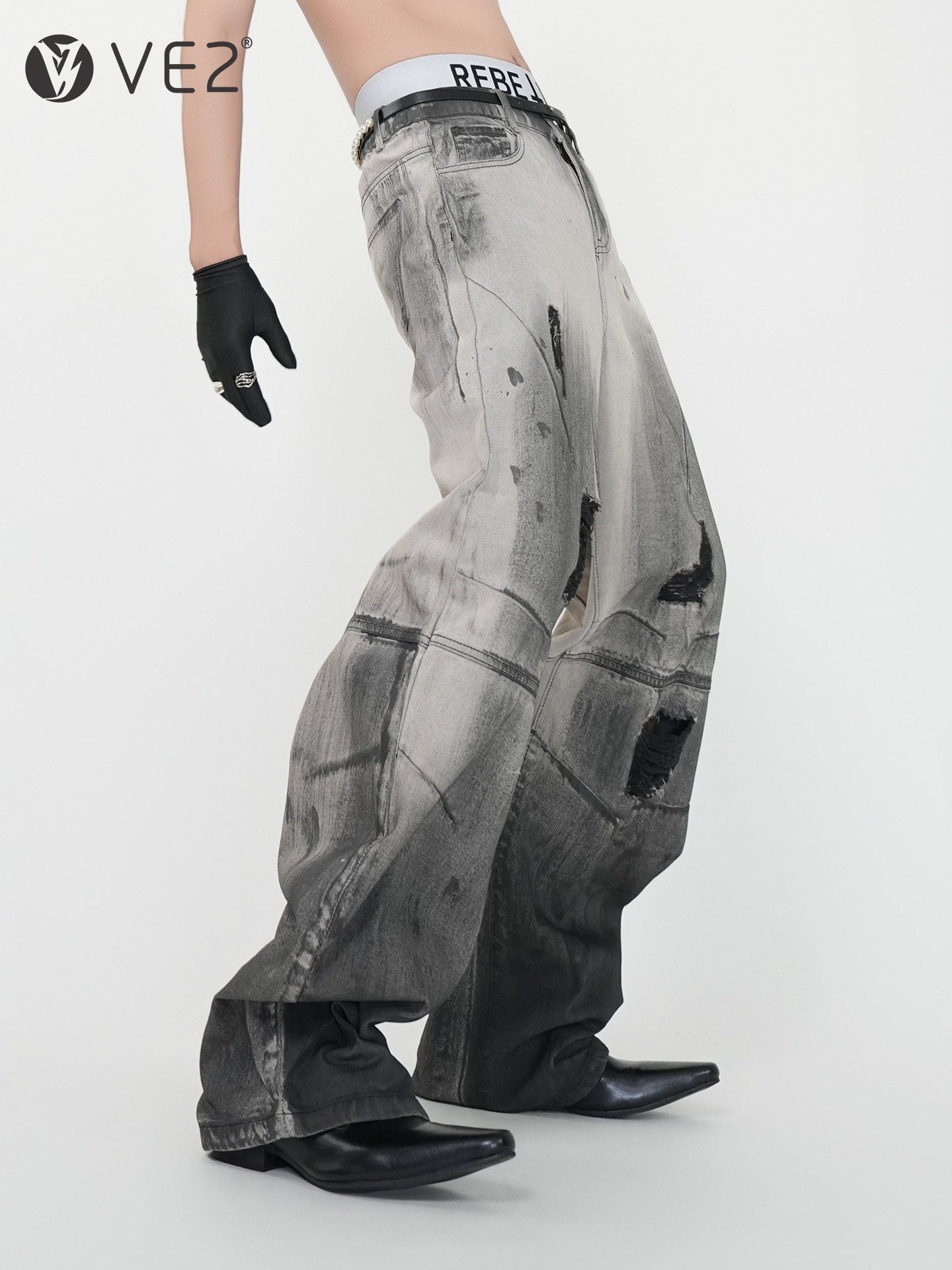 With Tide Belt Heavy Damage Wash Curved Wide Leg Denim Jeans WN24144