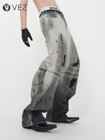 With Tide Belt Heavy Damage Wash Curved Wide Leg Denim Jeans WN24144