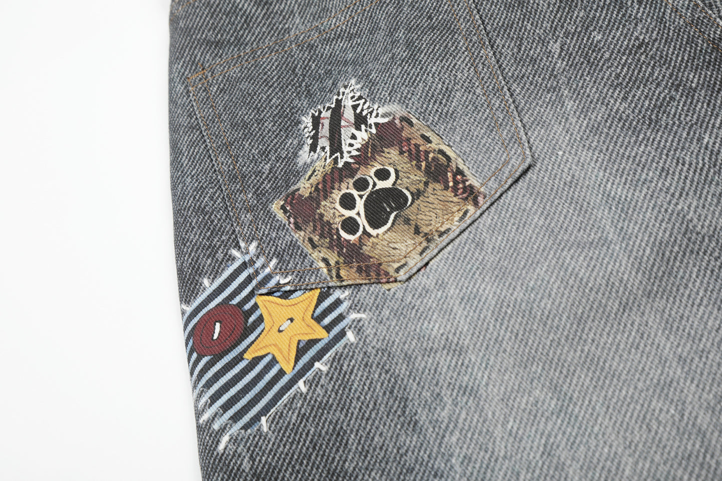 Applique Patchwork Wide Leg Half Denim Pants WN25625