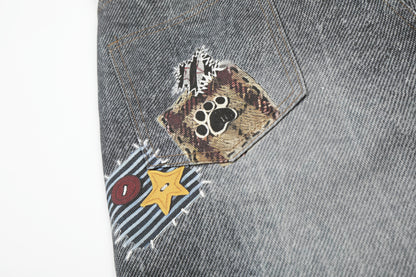 Applique Patchwork Wide Leg Half Denim Pants WN25625