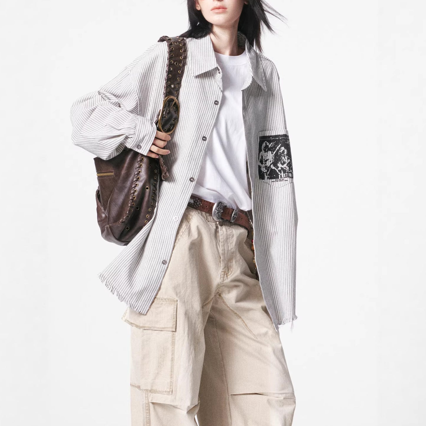 Graphic Print Stripe Frayed Long Sleeve Shirt WN23042