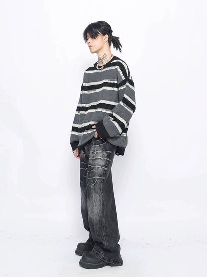 Stripe Damage Round Neck Oversize Knit Sweater WN10891