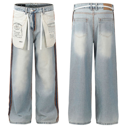 Washed Pocket Side Line Wide Leg Denim Jeans WN25824