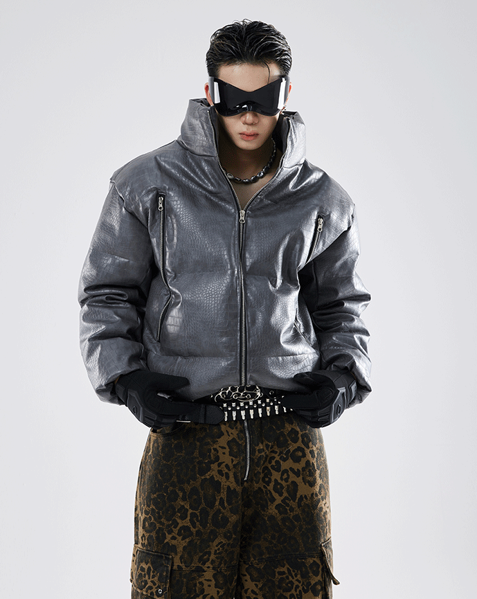 Oversize Crocodile Pattern PU Leather Puffer Jacket WN2895