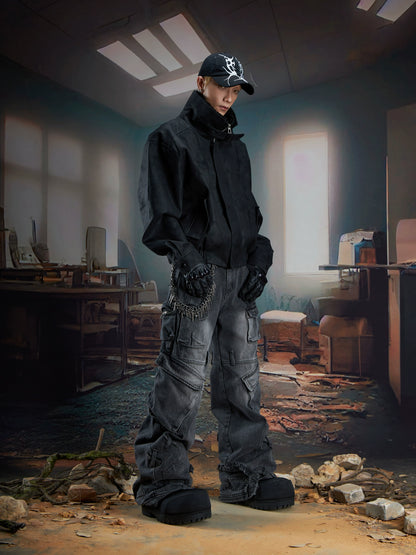 Deconstruction Multi-Pocket Washed Wide Leg Cargo Denim Jeans WN21333