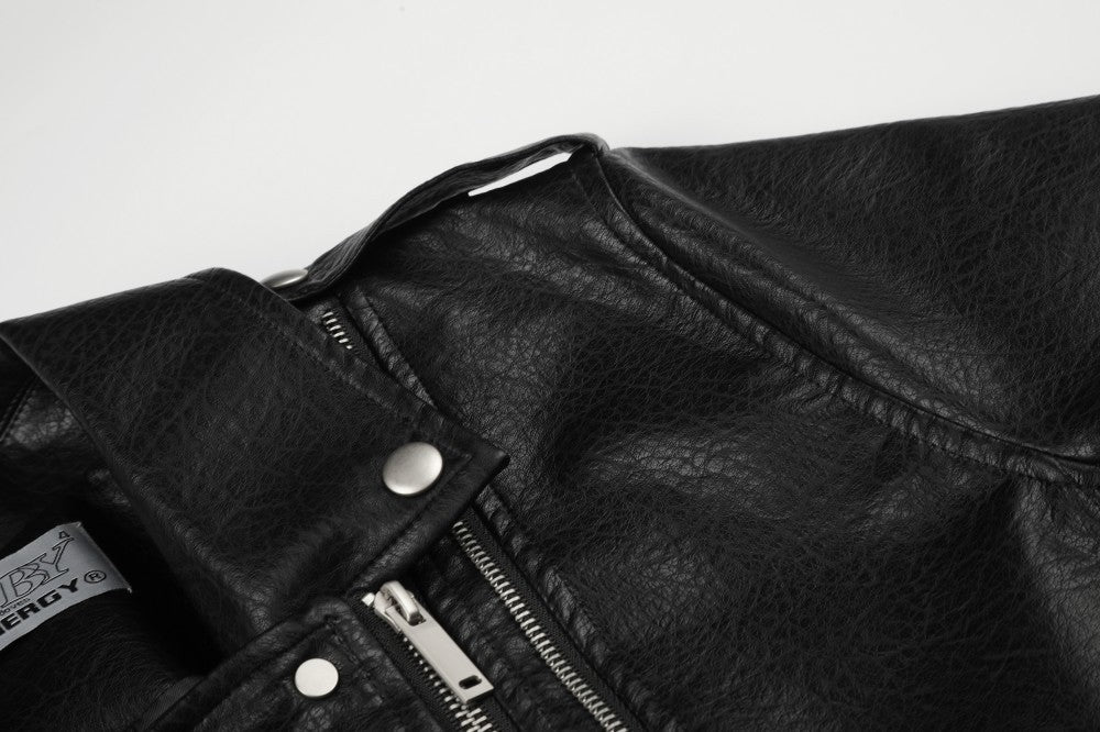 Diagonal Zipper Metal Stud Belt Short PU Leather Jacket WN27862