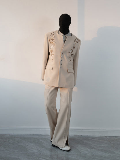 Floral Embroidery Tailored Jacket & Side Slits Wide-Leg Trousers Setup WN23635
