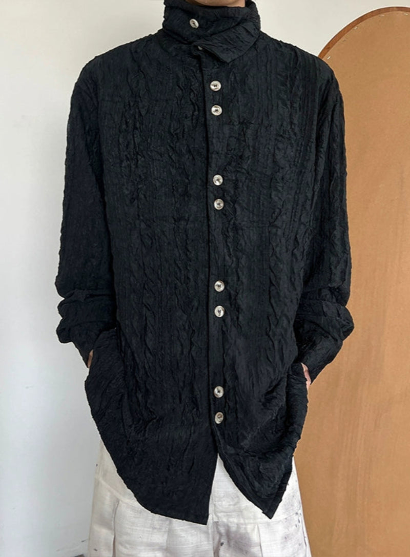 Texture Pleats High-Neck Long Sleeve Shirt WN20034