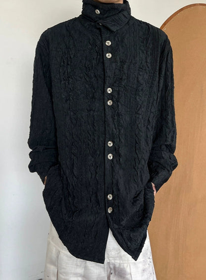 Texture Pleats High-Neck Long Sleeve Shirt WN20034