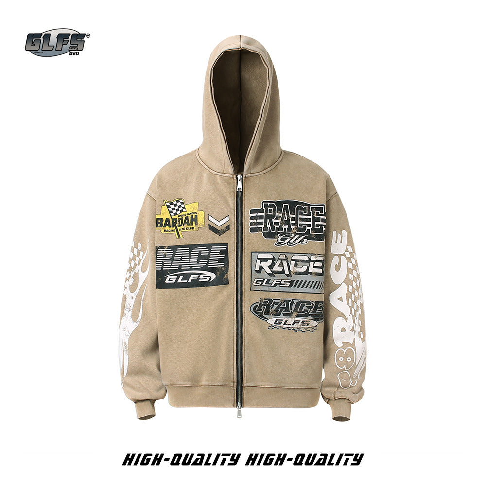 Washed Letter Print Zipper Hoodie WN26512