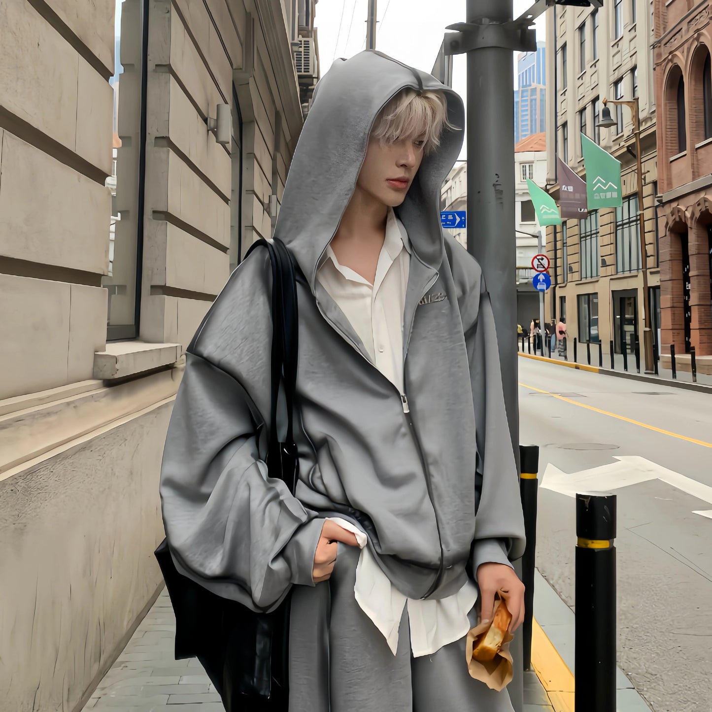 Wrinkle Design Zipper Hoodie & Wide Leg Pants Setup WN19905