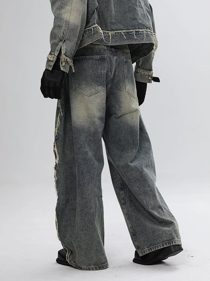 Fringe Curved Hem Wide Leg Denim Jeans WN18623