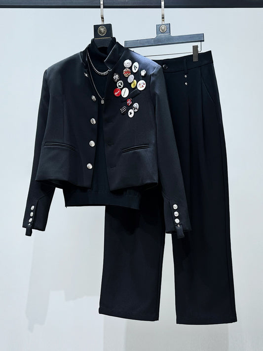 Brooch Badge Short Tailored Jacket & Straight Trousers Setup WN23902
