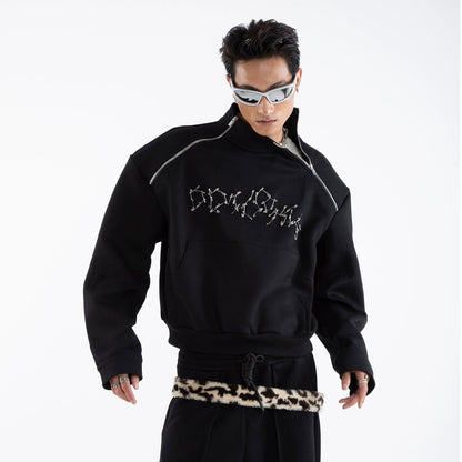 Pin Detail Stand Neck Zipper Sweatshirt &Wide Leg Pants Setup WN20649