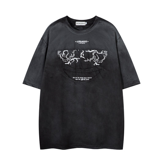 Washed Damage Graphic Print Short Sleeve T-Shirt WN26968