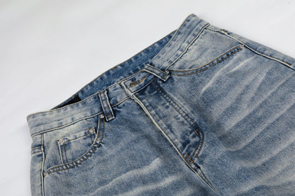 Washed Damage Whisker Wide Leg Denim Jeans WN26019