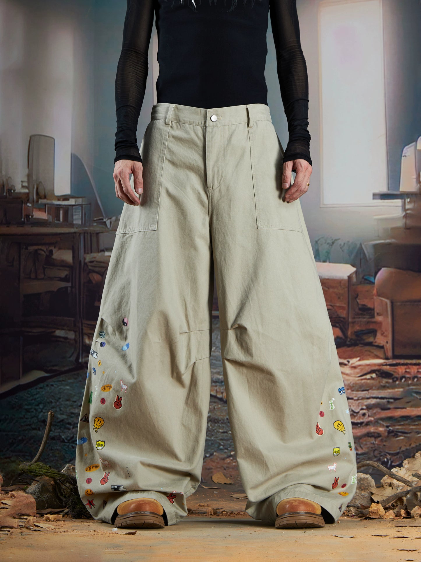 Cartoon Embroidery Wide Leg Pants WN21366