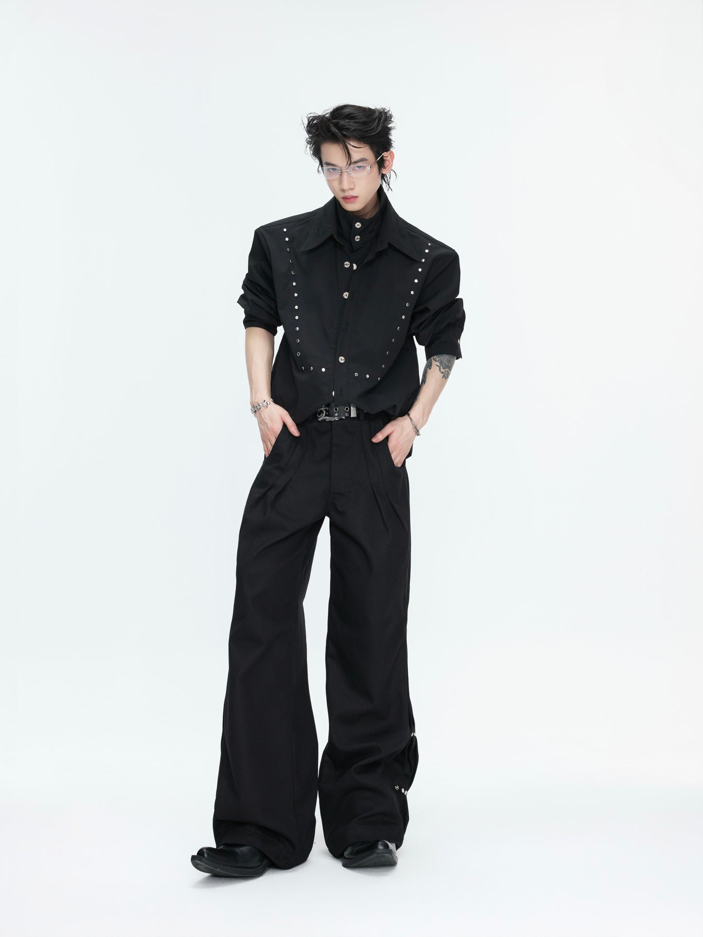 Fake Layered Stud Embroidery Oversize Long Sleeve Shirt WN26987