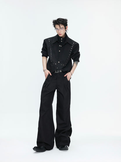 Fake Layered Stud Embroidery Oversize Long Sleeve Shirt WN26987