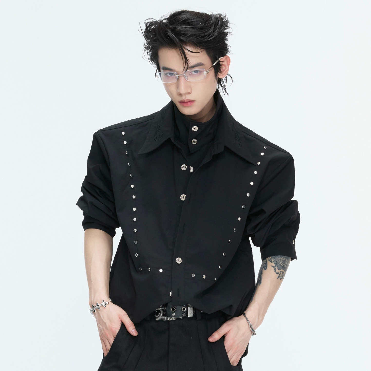 Fake Layered Stud Embroidery Oversize Long Sleeve Shirt WN26987