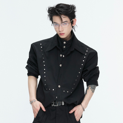 Fake Layered Stud Embroidery Oversize Long Sleeve Shirt WN26987