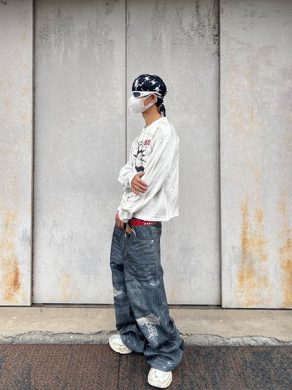 Damage Washed Wide Leg Denim Jeans WN24034