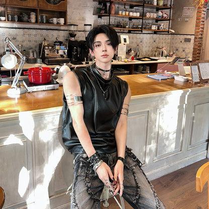 PU Leather Sleeveless T-Shirt WN25114