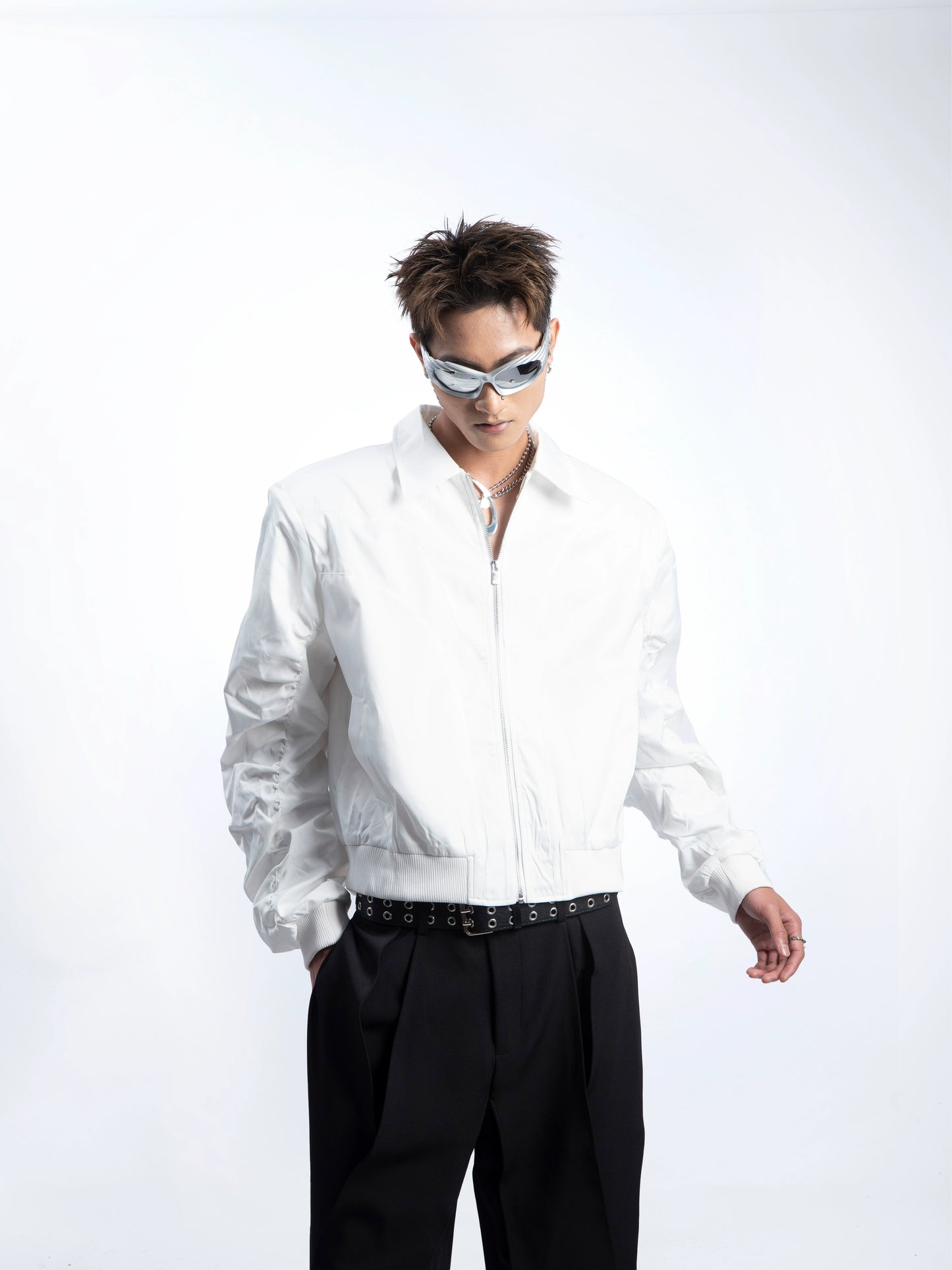 Glossy PU Leather Shoulder-Pad Jacket WN20635