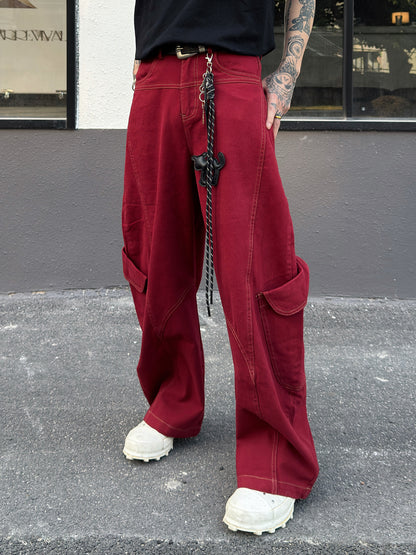 Structure Design Curved Cut Contrast Stitching Wide Leg Denim Jeans WN23018