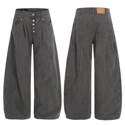 Washed Fade Curved Seam Wide Leg Denim Jeans WN25849