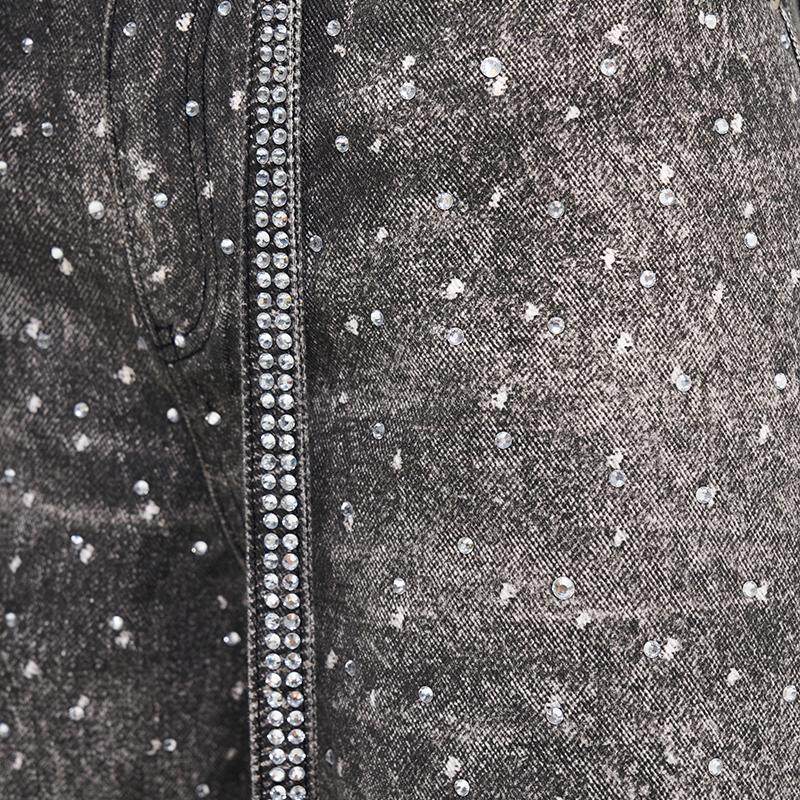 Rhinestone Print Wash Damage Straight Denim Jeans WN24352